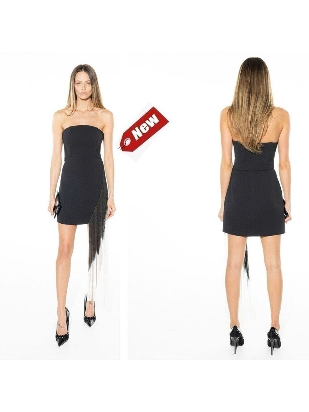 Ronny Kobo black strapless white tassel fringe Capri mini bodycon dress NWT